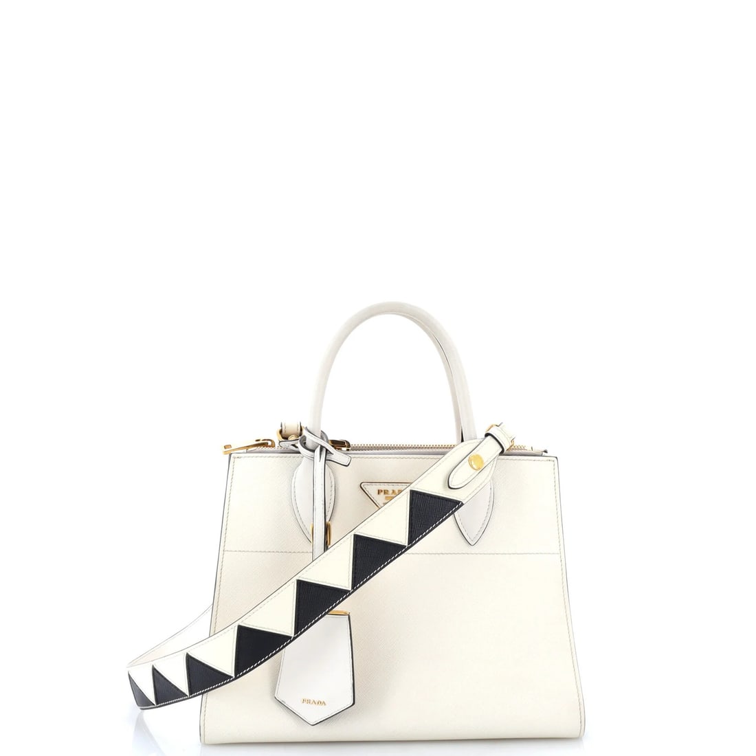 Prada Paradigme Tote Saffiano Leather Medium: Prada Paradigme Tote Saffiano Leather Medium White Saffiano Leather Prada Paradigme Tote Medium, featuring a classic design with a medium size and gold hardware. This stylish tote boasts a spacious in