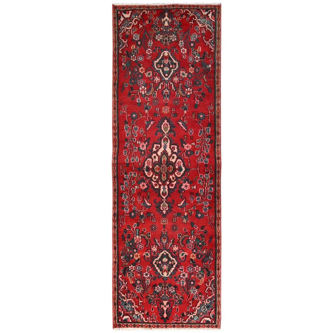 3'x9'1" Red Vintage Zoroastrian Flower Design Wool Hand Knotted Runner Rug: 3'x9'1" Red Vintage Zoroastrian Flower Design Wool Hand Knotted Runner Rug Red Zoroastrian Flower Design Wool Hand Knotted Runner Rug measures 91 CM x 277 CM, featuring an all-over regional design in 
