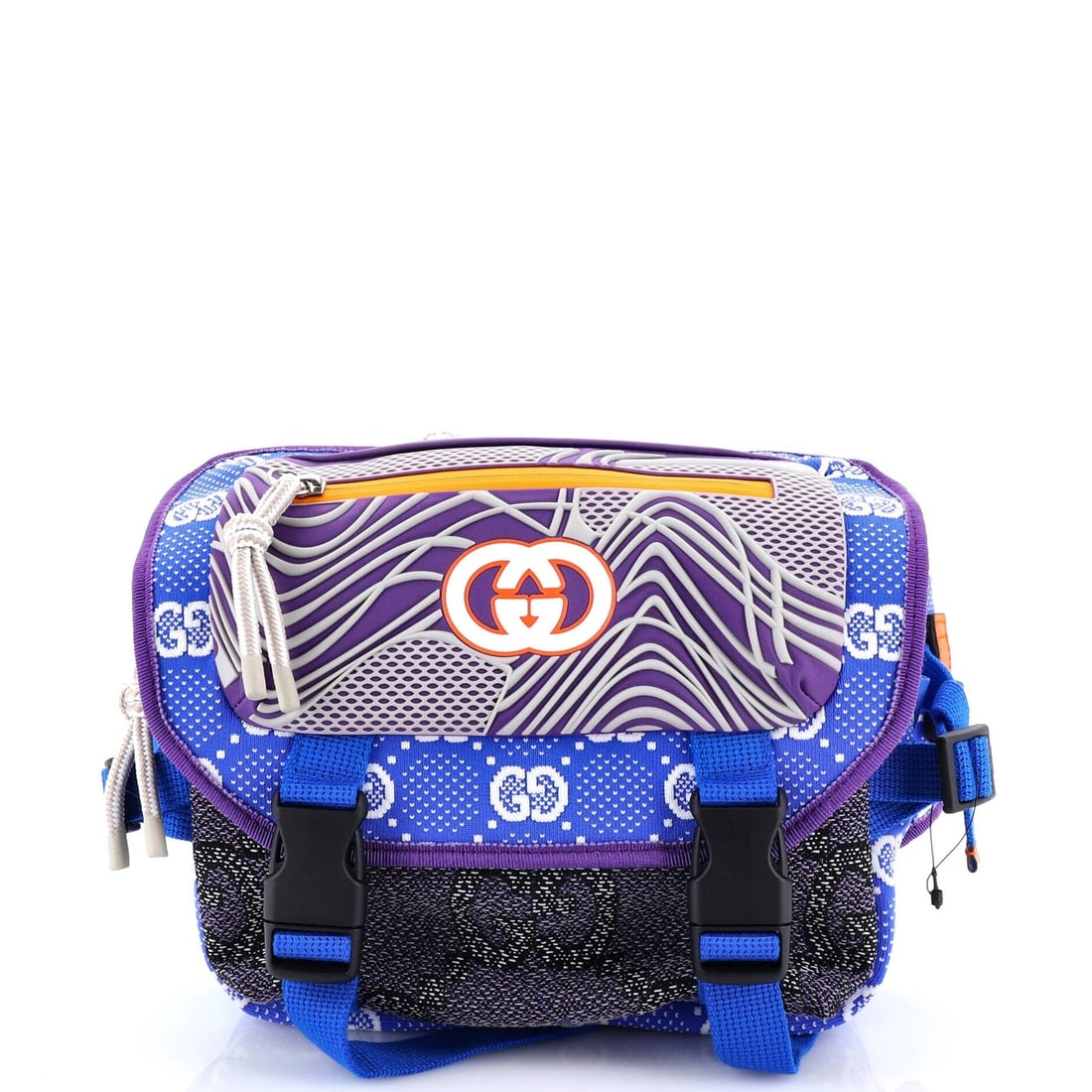 Buckle Flap Chest Strap Backpack with Fabric and Rubber: Buckle Flap Chest Strap Backpack with Fabric and Rubber Buckle Flap Chest Strap Backpack with Fabric and Rubber. This Gucci backpack features a buckle flap closure, fabric and rubber exterior in blue