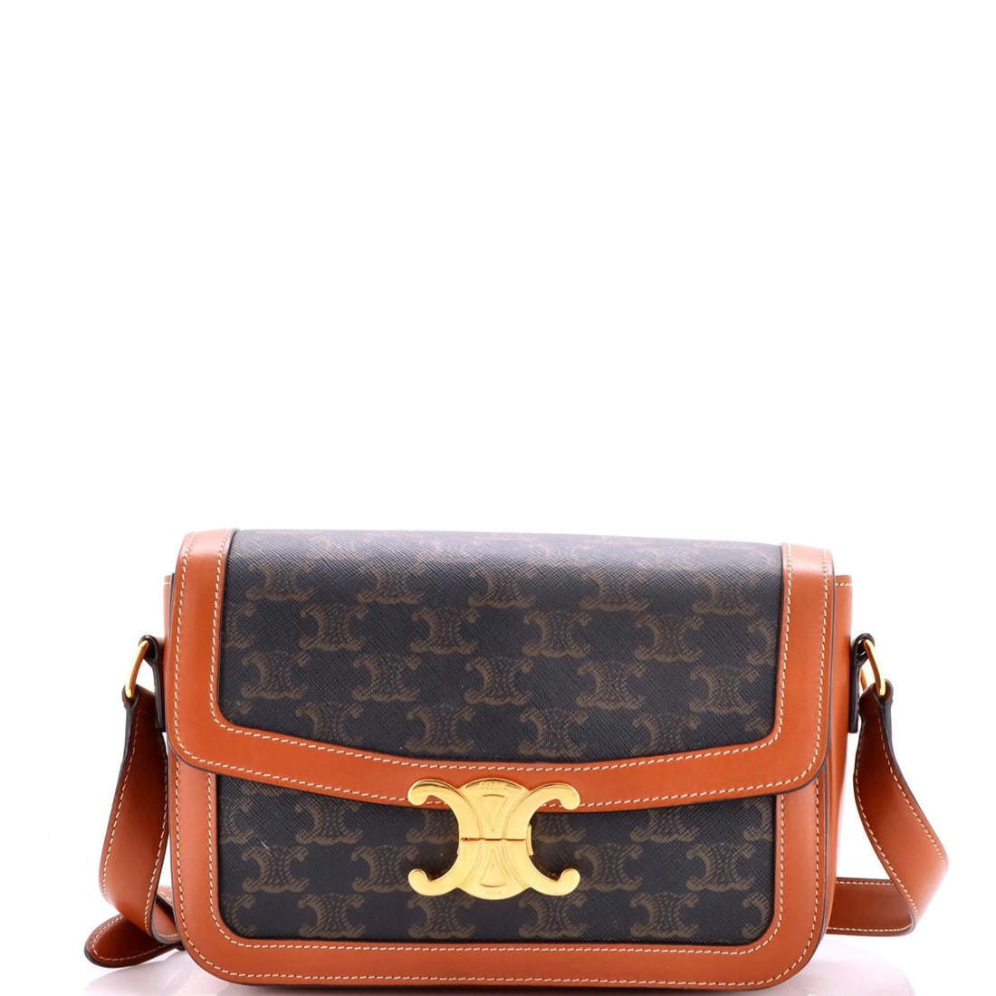Coated Canvas Bag Celine Triomphe Medium Shoulder: Coated Canvas Bag Celine Triomphe Medium Shoulder The Celine Triomphe Medium Shoulder Bag boasts a rich, brown canvas exterior with gold hardware, complemented by supple leather interior. Minor