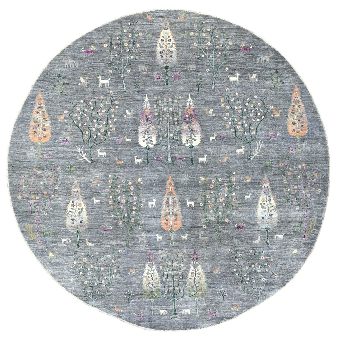 12'x12' Peshawar Folk Art Willow & Cypress Tree Design Handmade Round Rug: 12'x12' Peshawar Folk Art Willow & Cypress Tree Design Handmade Round Rug Grey wool, intricately woven with a traditional Peshawar folk art design, adorns this 12' x 12' handmade round rug. The subtle