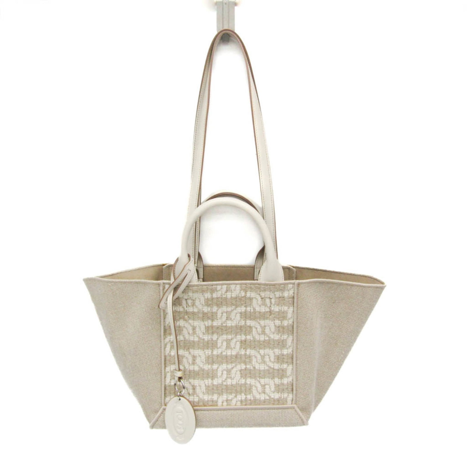 Tote Linen Cotton Handbag's Tod: Tote Linen Cotton Handbag's Tod Linen and cotton blend handbag with double handles, featuring a light beige and white color combination. The bag has an inner pouch pocket and measures approximately 19