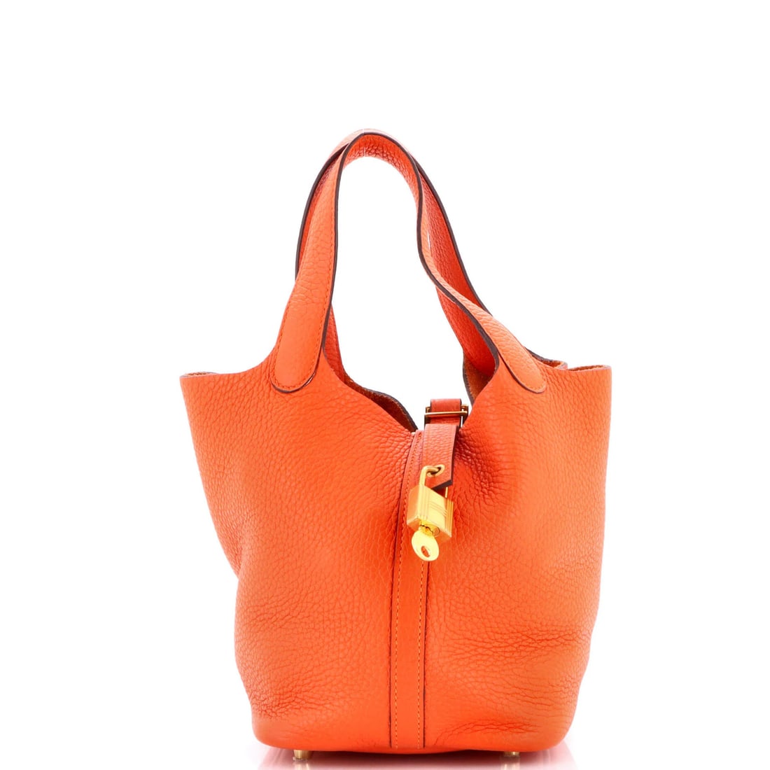Hermes Picotin Lock Bag Clemence PM: Hermes Picotin Lock Bag Clemence PM The Hermes Picotin Lock Bag Clemence PM boasts vibrant orange hues, with its exterior crafted from high-quality leather and adorned with gold hardware. This stylish