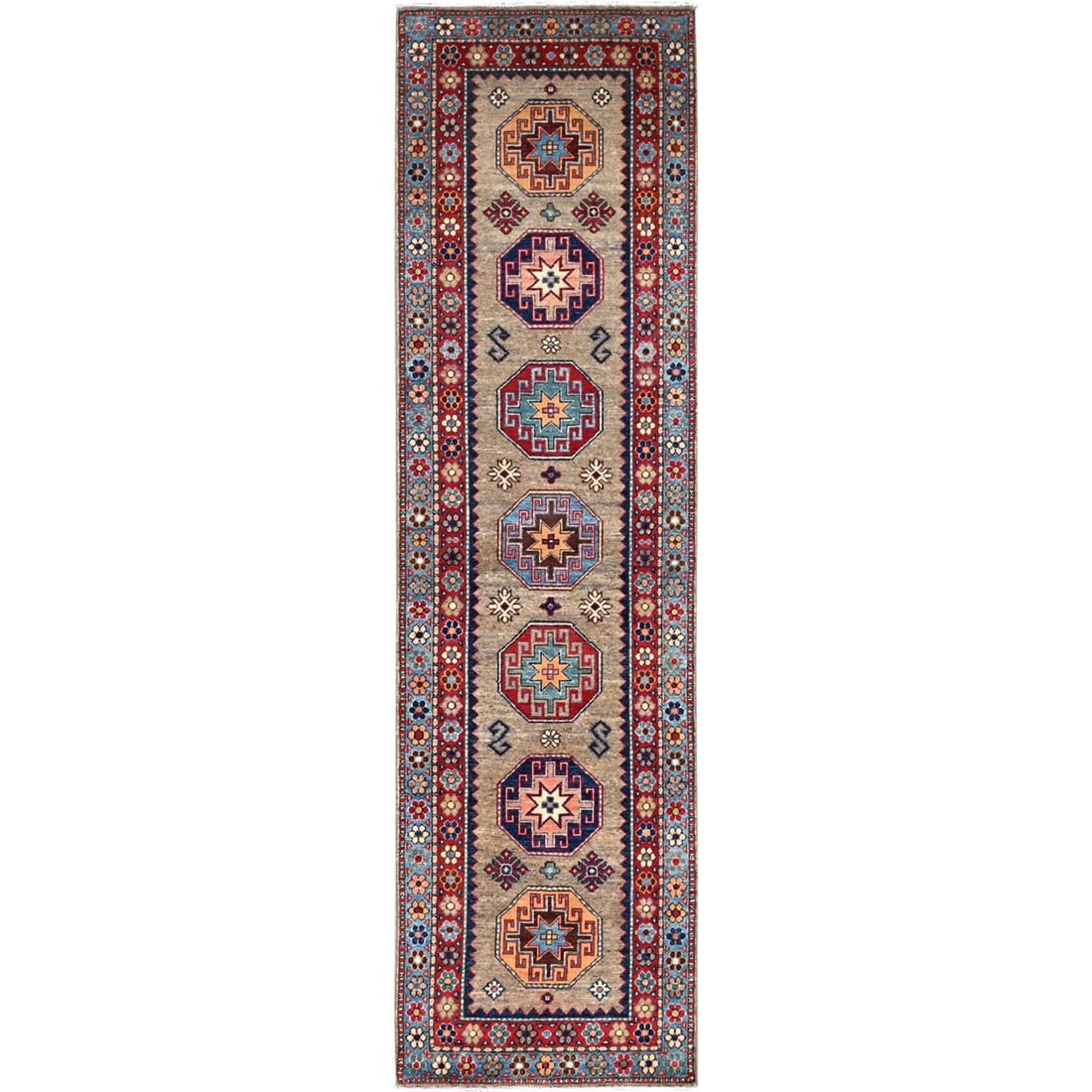 2'7"x9'8" Linen Beige Afghan Special Kazak Wool Hand Knotted Runner Rug: 2'7"x9'8" Linen Beige Afghan Special Kazak Wool Hand Knotted Runner Rug The Kazak Type Linen Beige Afghan Special Wool Hand Knotted Runner Rug boasts an impressive size, measuring 2'7"x9'8" and featur