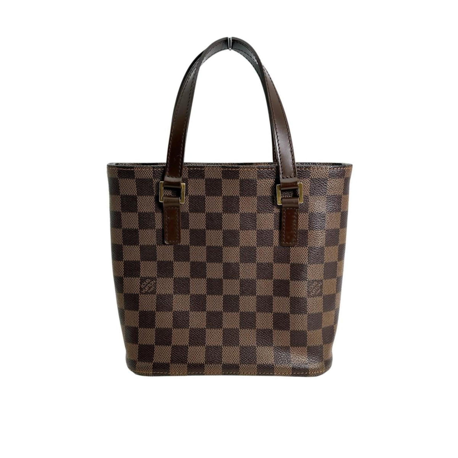 Handbag Canvas Damier Louis Vuitton: Handbag Canvas Damier Louis Vuitton Damier canvas pattern adds a touch of classic elegance to this Louis Vuitton handbag, featuring gold hardware and open pockets for practical storage. The bag's brow