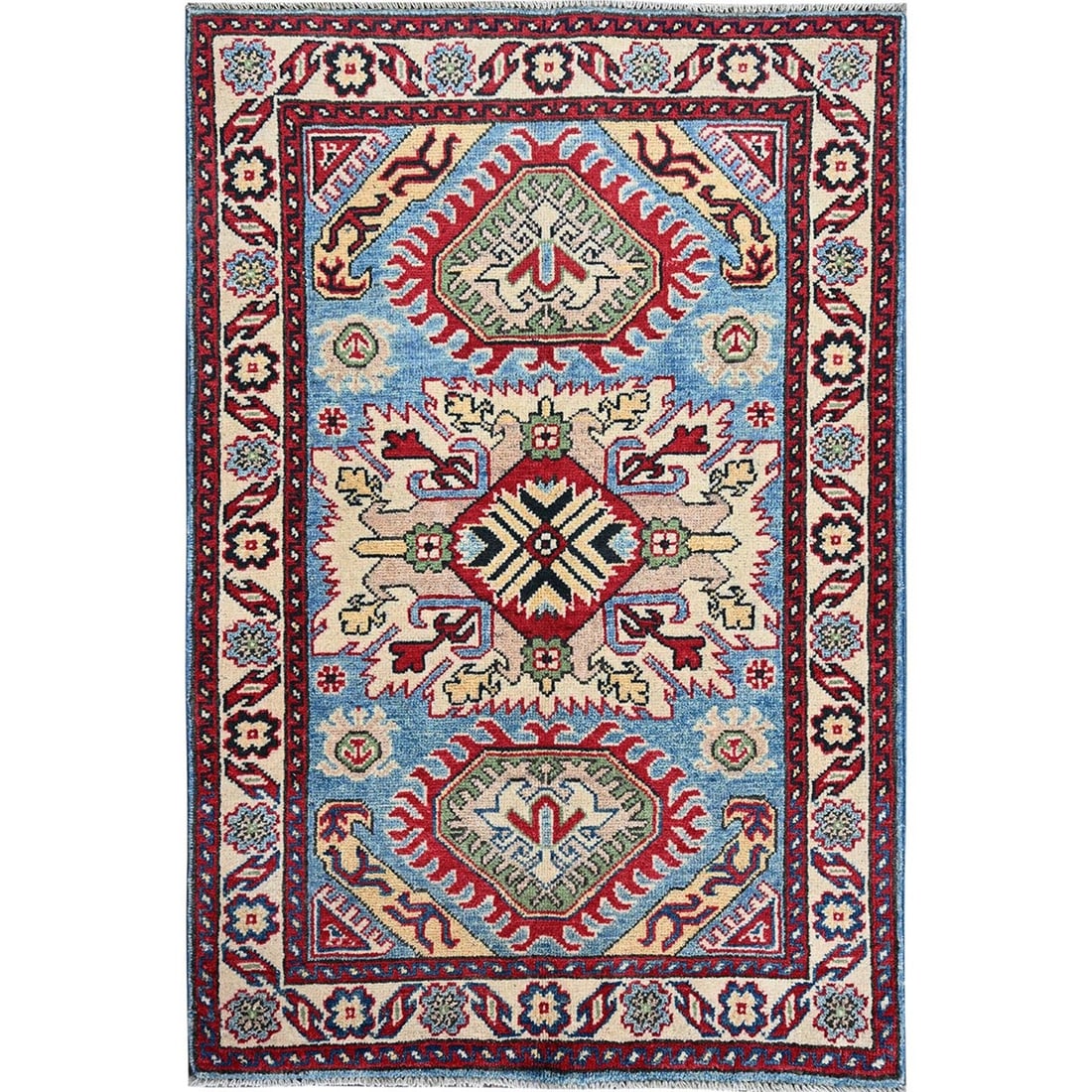 2'9"x4' Blue Kazak with Tribal Design Soft Wool Hand Knotted Sample Rug: 2'9"x4' Blue Kazak with Tribal Design Soft Wool Hand Knotted Sample Rug Soft wool hand-knotted in a vibrant blue field, this rectangular Kazak rug features an intricate tribal design. Made from natura