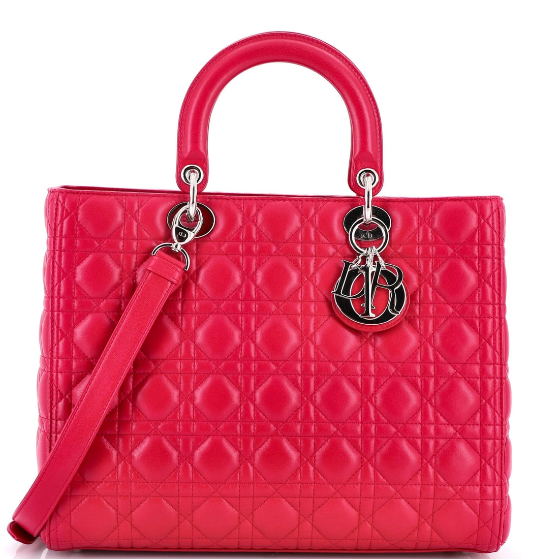 Lady Dior Bag Cannage Quilt Lambskin Large Christian Dior: Lady Dior Bag Cannage Quilt Lambskin Large Christian Dior Pink Lady Dior Bag Cannage Quilt Lambskin Large features a striking exterior color and a spacious interior. With its large size and silver har