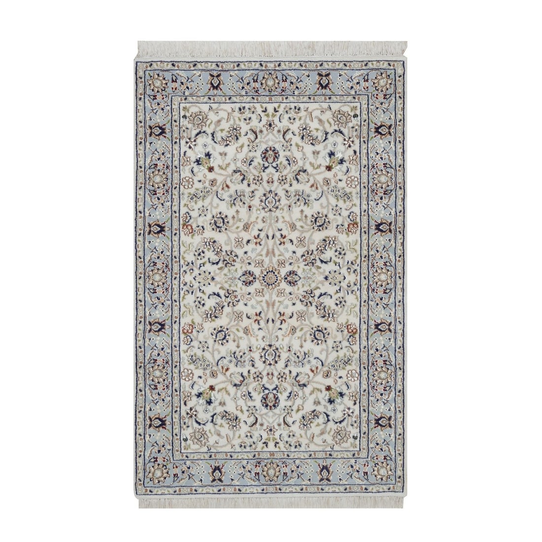 3'2"x5'2" Ivory Hand Knotted Nain with Flower Design Wool and Silk Rug: 3'2"x5'2" Ivory Hand Knotted Nain with Flower Design Wool and Silk Rug Ivory wool and silk hand-knotted Nain rug features an all-over flower design in a subtle, elegant pattern. Measuring 3'2" x 5'2",