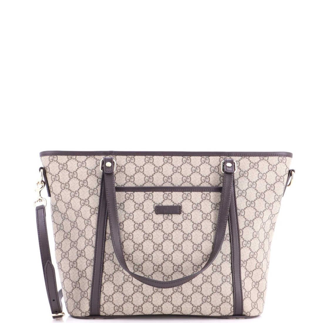 Gucci Convertible Medium Tote Coated Canvas Pocket Front GG: Gucci Convertible Medium Tote Coated Canvas Pocket Front GG Gucci Convertible Medium Tote Coated Canvas Pocket Front GG - A versatile and stylish tote with a convertible design, featuring a coated can