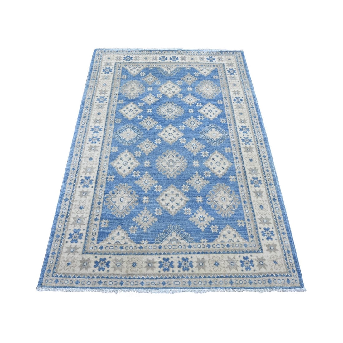 4'x5'9" Carolina Vintage Look Kazak with Geometric Motifs Wool Hand Knotted: 4'x5'9" Carolina Vintage Look Kazak with Geometric Motifs Wool Hand Knotted This stunning 4'x5'9" Kazak rug boasts vibrant blue and gray hues, intricately woven with geometric motifs in a traditional 