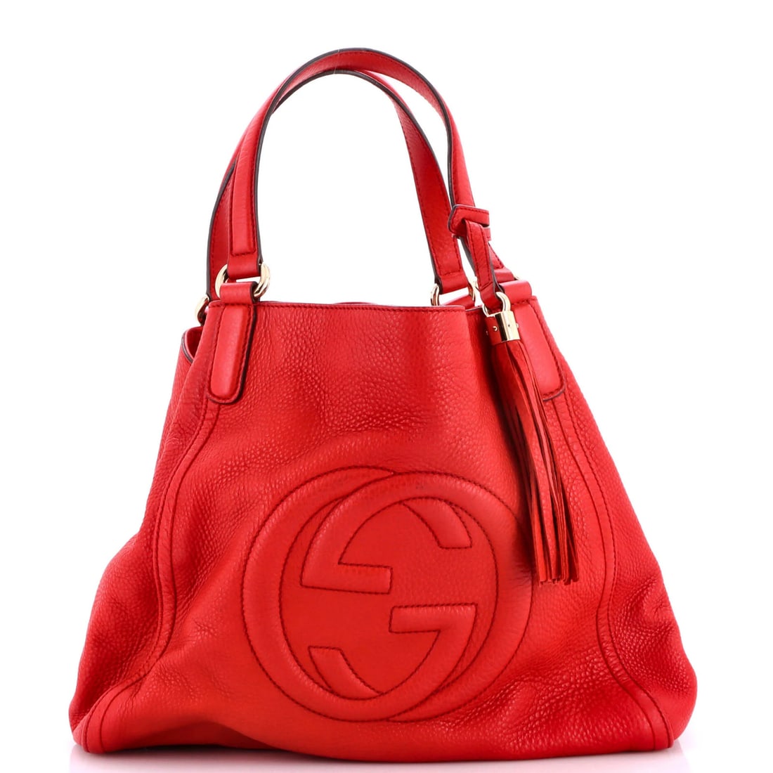 Shoulder bag leather medium Gucci soho: Shoulder bag leather medium Gucci soho Red leather medium Soho shoulder bag from Gucci, featuring a classic design with a gold tone hardware. The bag has a neutral interior and measures 6" handle