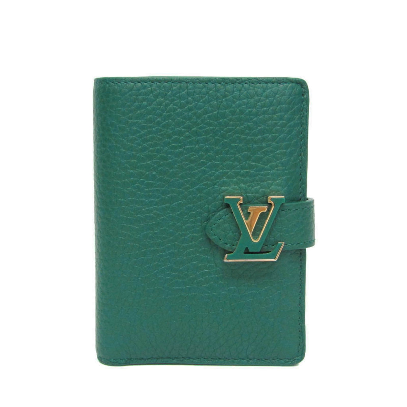 Vuitton Leather Bi Fold Wallet: Vuitton Leather Bi Fold Wallet Taurillon leather craftsmanship shines in this compact, green Louis Vuitton bi-fold wallet from France. The vertical design and multiple pockets - including a coin purse