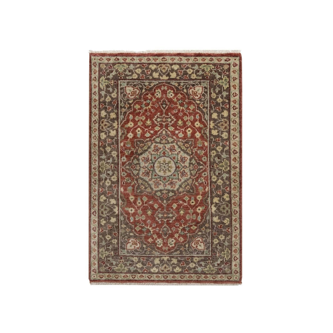 2'1"x3'1" Red Antiqued Tebraz New Zealand Wool Hand Knotted Mat Small Rug: 2'1"x3'1" Red Antiqued Tebraz New Zealand Wool Hand Knotted Mat Small Rug Small, intricately woven in the traditional Heris style, this 2'1"x3'1" red wool hand-knotted mat boasts a stunning medallion 