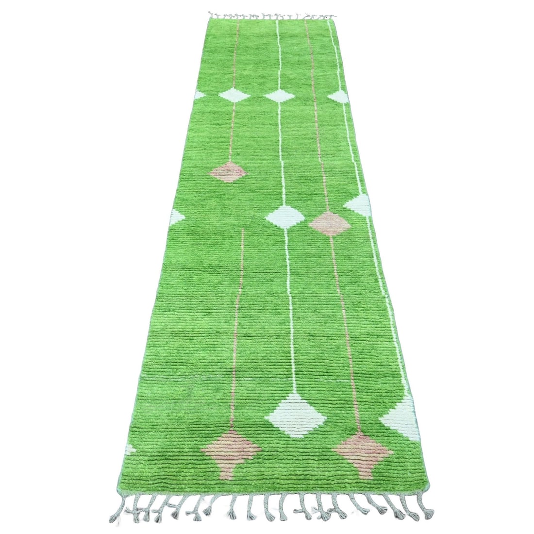 2'5"x9' Green Geometric Moroccan Weave Soft Wool Hand Knotted Runner Rug: 2'5"x9' Green Geometric Moroccan Weave Soft Wool Hand Knotted Runner Rug This stunning Green Geometric Moroccan Weave Soft Wool Hand Knotted Runner Rug boasts an intricate, hand-knotted design in soft