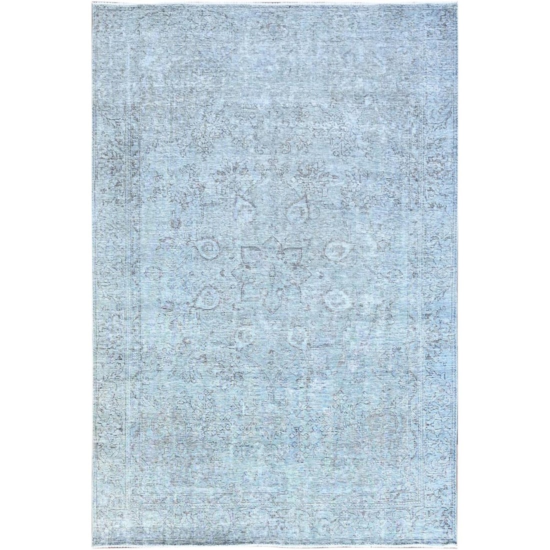 6'x8'9" Blue 100% Wool Clean Cropped Thin Hand Knotted Vintage Tebraz Rug: 6'x8'9" Blue 100% Wool Clean Cropped Thin Hand Knotted Vintage Tebraz Rug Blue 100% Wool Clean Cropped Thin Hand Knotted Vintage Tebraz Rug measures 6'0" x 8'9". This unique, hand-knotted wool rug fea