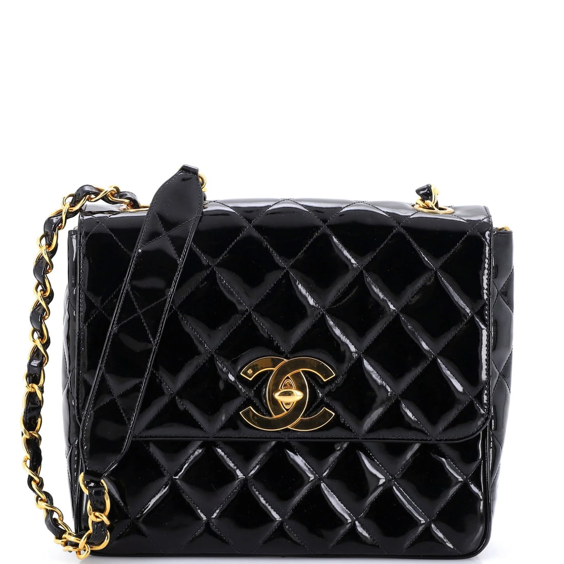 Chanel Square CC Flap Vintage Quilted Patent Medium Bag: Chanel Square CC Flap Vintage Quilted Patent Medium Bag Black patent leather exterior, gold hardware, and quilted design make this vintage Chanel Square CC Flap Medium bag a stylish and timeless acces