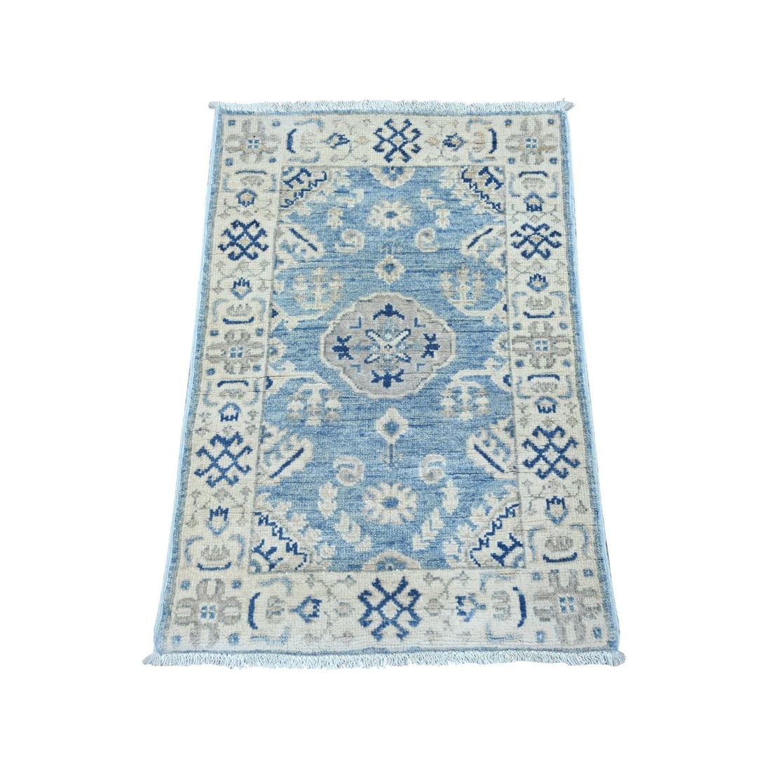 Blue Vintage Look 2'x2'9" Hand Knotted Wool Kazak Tribal Medallion Rug: Blue Vintage Look 2'x2'9" Hand Knotted Wool Kazak Tribal Medallion Rug The Blue Vintage Look Kazak Tribal Medallion Rug boasts a stunning blue wool medallion design, hand-knotted with traditional tech