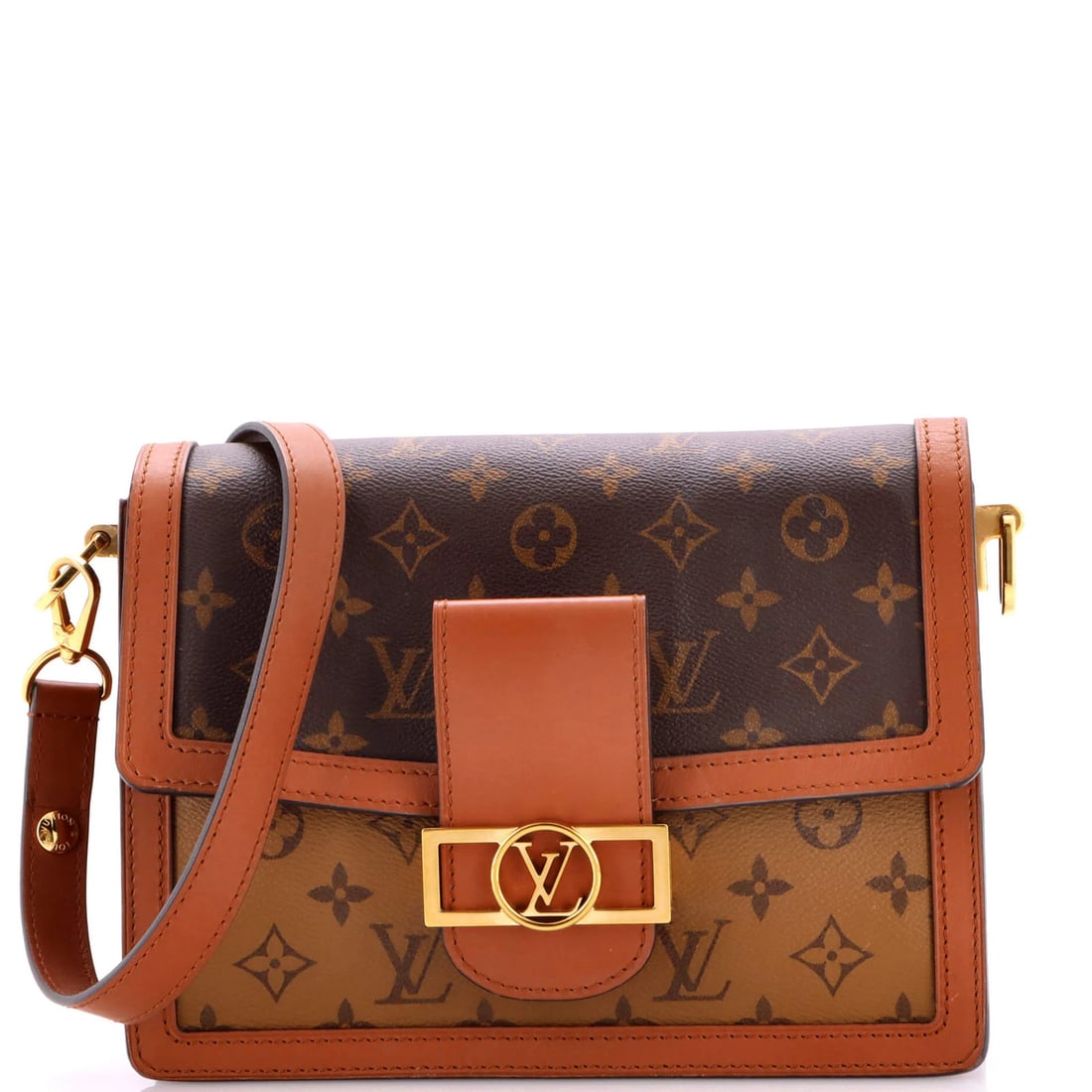Louis Vuitton Dauphine Shoulder Bag Reverse Monogram Canvas MM: Louis Vuitton Dauphine Shoulder Bag Reverse Monogram Canvas MM The Louis Vuitton Dauphine Shoulder Bag Reverse Monogram Canvas MM boasts a classic design with a rich, brown reverse monogram canvas ext