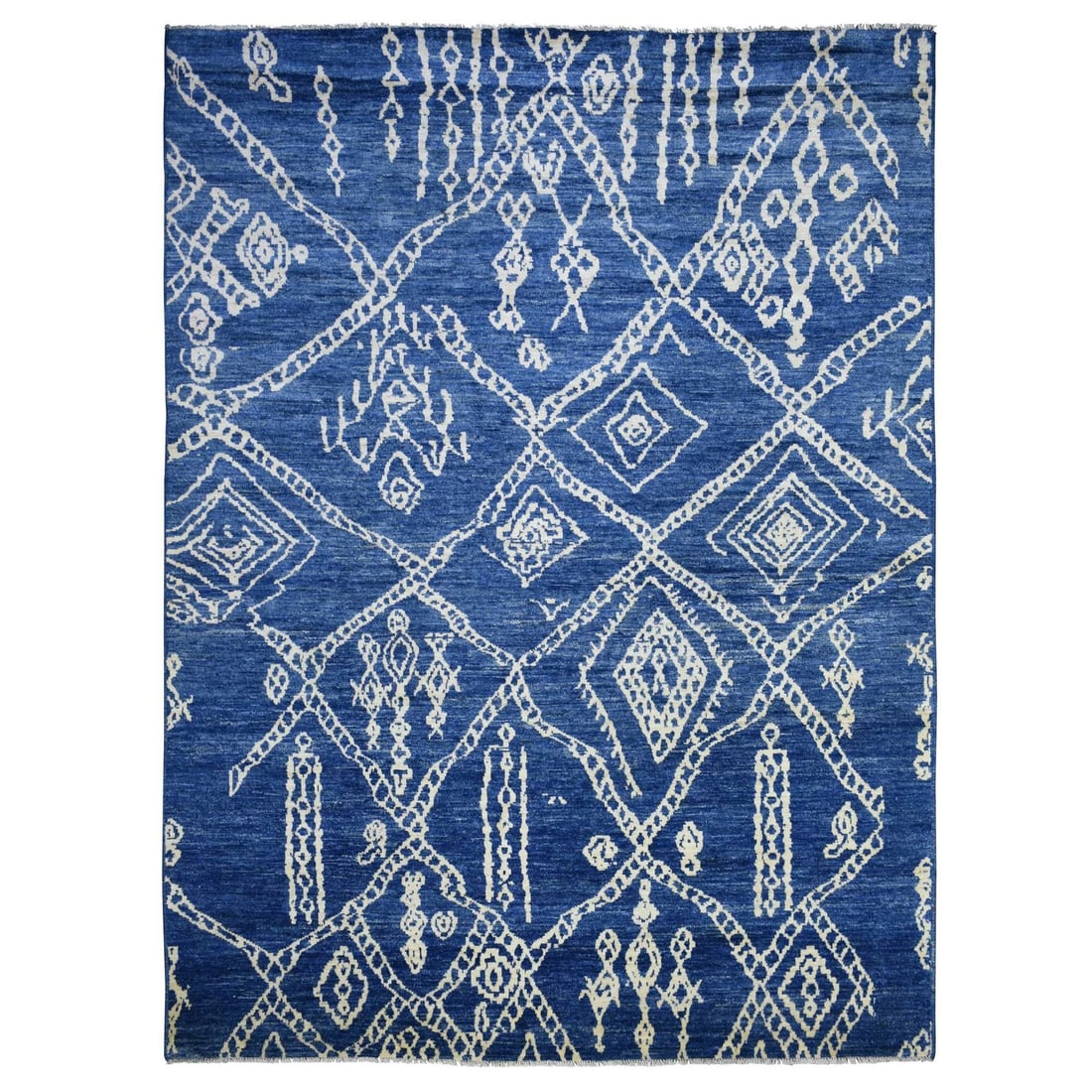 8'10"x11'5" Blue Hand Knotted Soft and Shiny Wool Moroccan Berber Rug: 8'10"x11'5" Blue Hand Knotted Soft and Shiny Wool Moroccan Berber Rug Soft and shiny, this hand-knotted blue Moroccan Berber rug boasts an oriental design in a rectangular field shape. Made from wool,