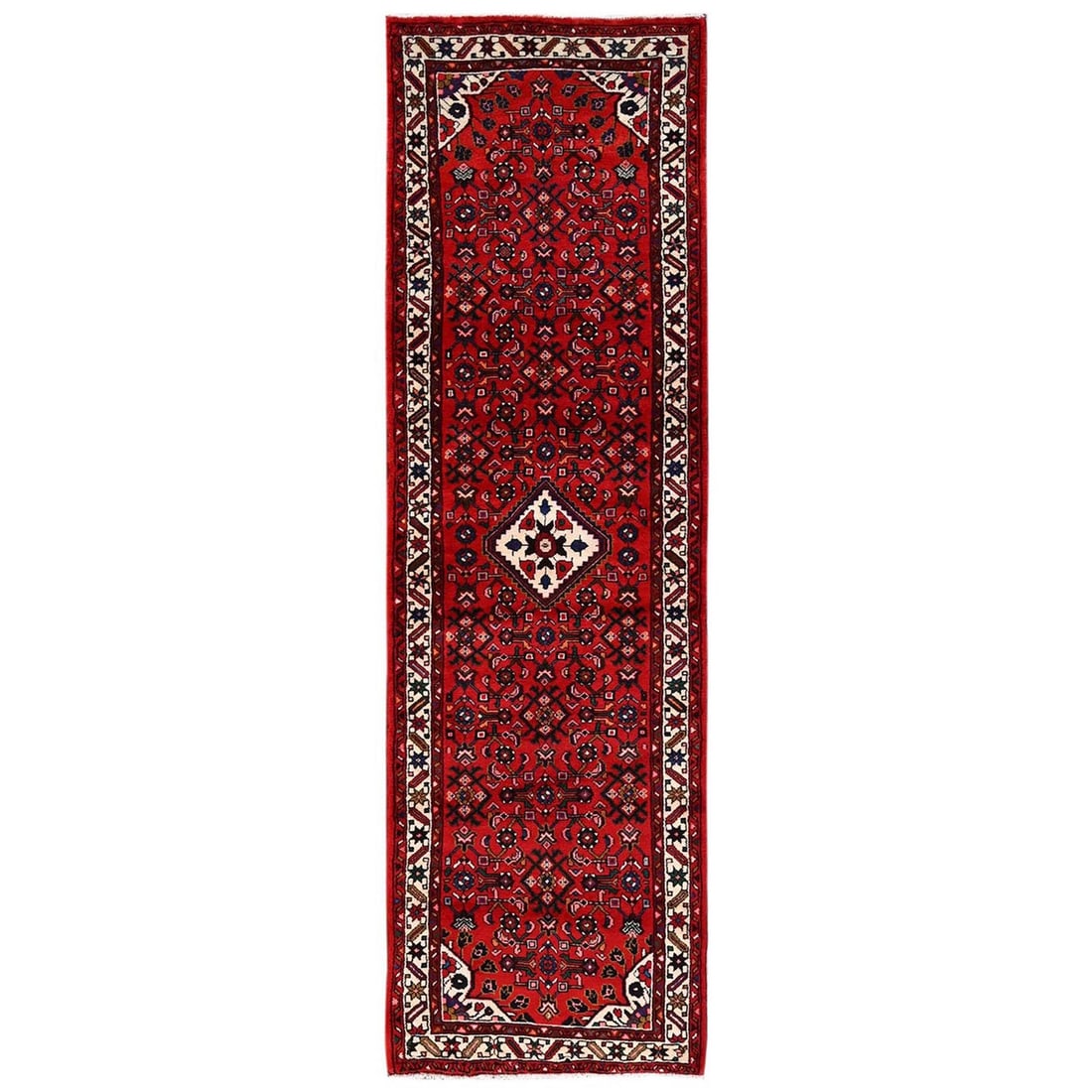 2'10"x9'9" Red Wool New Zoroastrian Hand Knotted Runner Oriental Rug: 2'10"x9'9" Red Wool New Zoroastrian Hand Knotted Runner Oriental Rug This stunning Red Wool Zoroastrian Hand Knotted Runner Oriental Rug boasts an all-over regional design in rich red field color, com