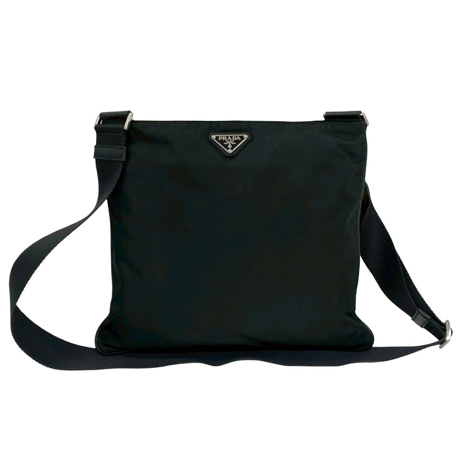 Nylon Leather Shoulder Bag Pochette Prada: Nylon Leather Shoulder Bag Pochette Prada Black Nylon Leather Prada Pochette Shoulder Bag, 26cm x 29cm. Made from a combination of nylon and leather, this pochette features a sleek design with clean l
