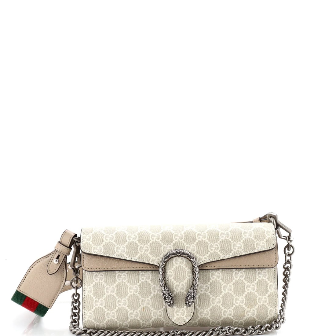 Gucci Dionysus East-West Flap Bag GG Coated Canvas Small: Gucci Dionysus East-West Flap Bag GG Coated Canvas Small The Gucci Dionysus East-West Flap Bag GG Coated Canvas Small boasts a neutral exterior with subtle canvas coating, complemented by silver hardw