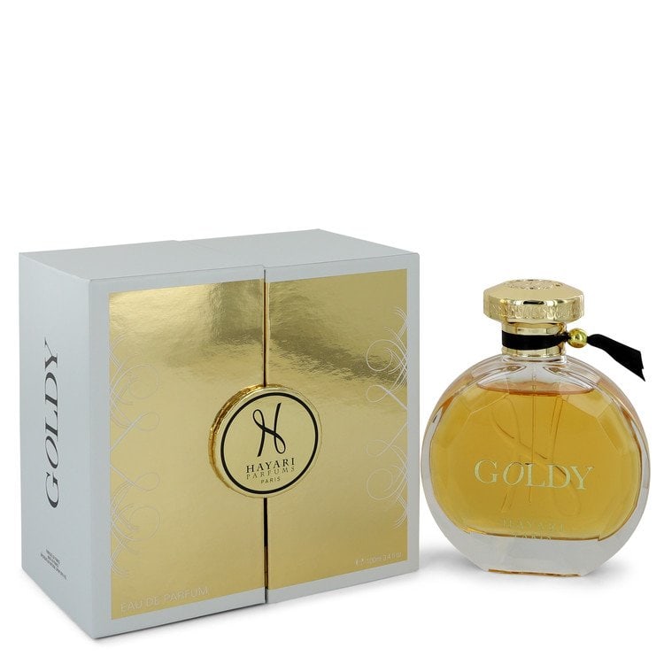 Hayari Goldy by Hayari Eau De Parfum Spray 3.4 oz: Hayari Goldy by Hayari Eau De Parfum Spray 3.4 oz White jasmine, musk and sandalwood carry Hayari Goldy with a delicate, creamy essence. Launched in 2012, this luxurious fragrance for women was create