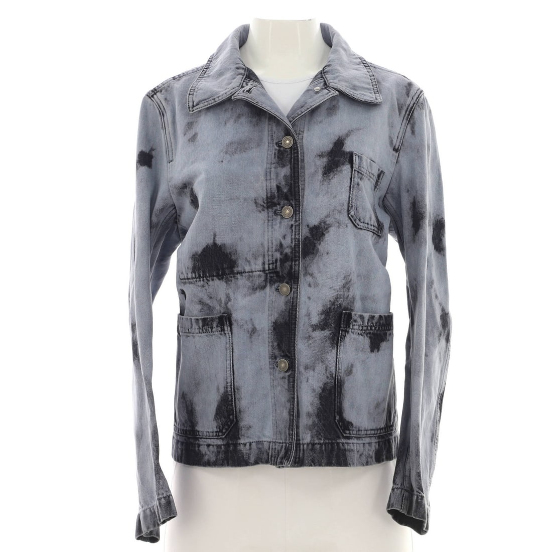 Christian Dior Women's Three Pocket Button Up Jacket Tie Dye Printed Denim: Christian Dior Women's Three Pocket Button Up Jacket Tie Dye Printed Denim Blue tie-dye printed denim jacket with three functional pockets and button-up front, featuring silver hardware. The exterior 