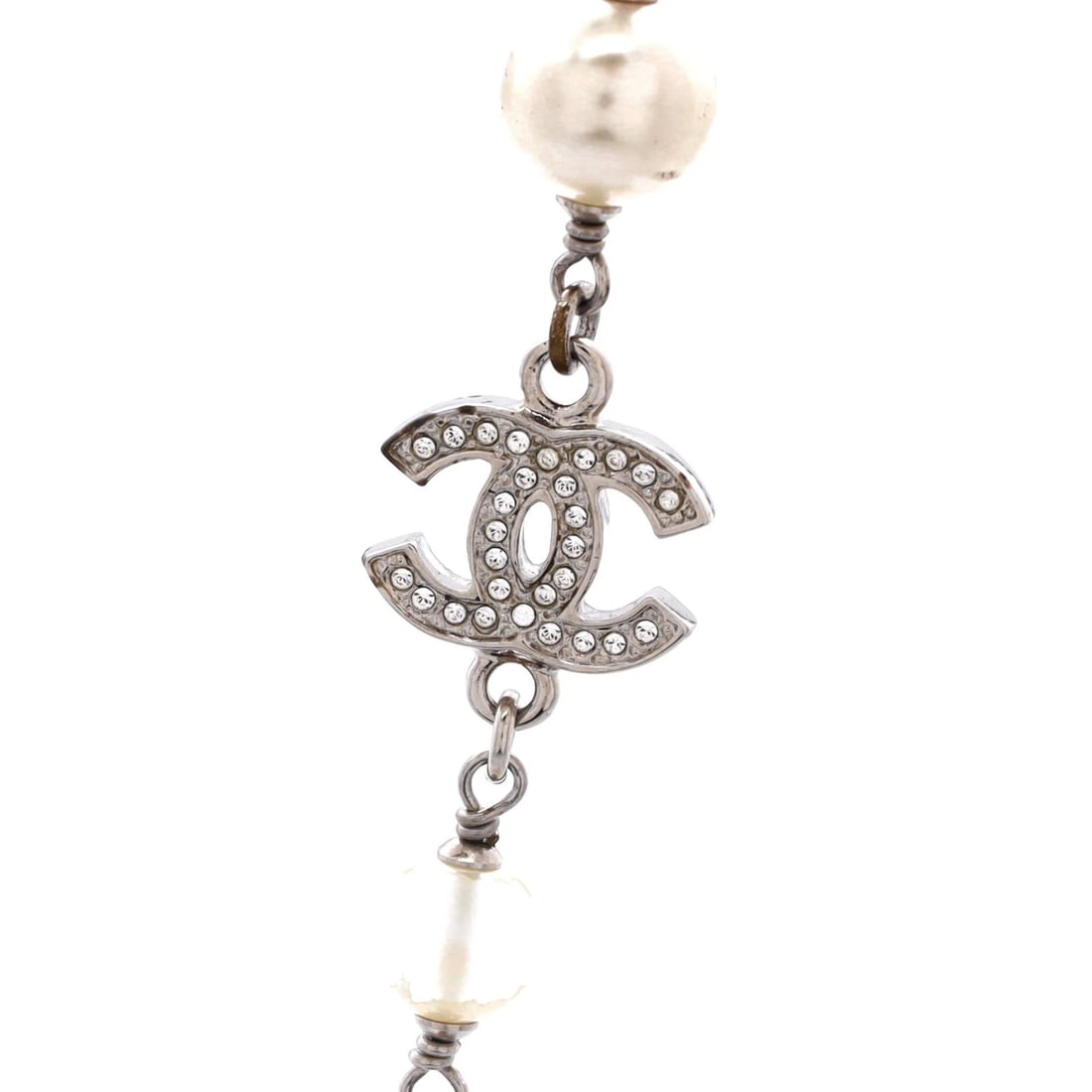 Chanel CC Station Long Necklace Metal with Faux Pearls and Crystals: Chanel CC Station Long Necklace Metal with Faux Pearls and Crystals Silver Chanel CC Station Long Necklace Metal with Faux Pearls and Crystals, featuring crystal and faux pearl accents in an elegant s