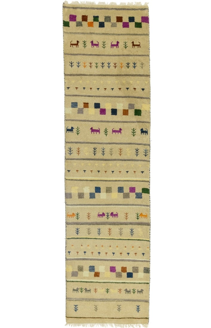 2'7X9'8 Handmade Indo-Gabbeh Runner Rug Pictorial Tribal Oriental Carpet Hand-Knotted: 2'7X9'8 Handmade Indo-Gabbeh Runner Rug Pictorial Tribal Oriental Carpet Hand-Knotted Hand-knotted in wool and cotton, this modern pictorial tribal oriental carpet boasts an impressive size and thick 