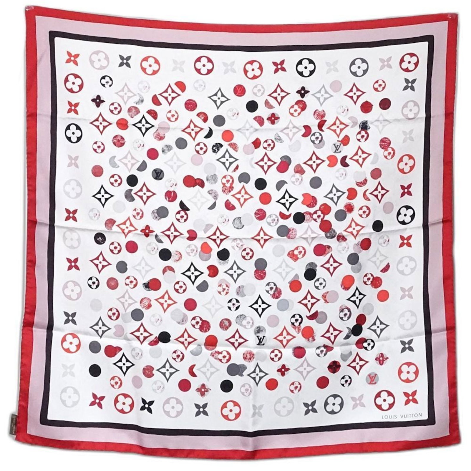 Silk Scarf by Louis Vuitton: Silk Scarf by Louis Vuitton Silk Scarf by Louis Vuitton in vibrant red, crafted from high-quality silk with a classic size of 85cm x 85cm. This luxurious accessory comes presented in its original box,