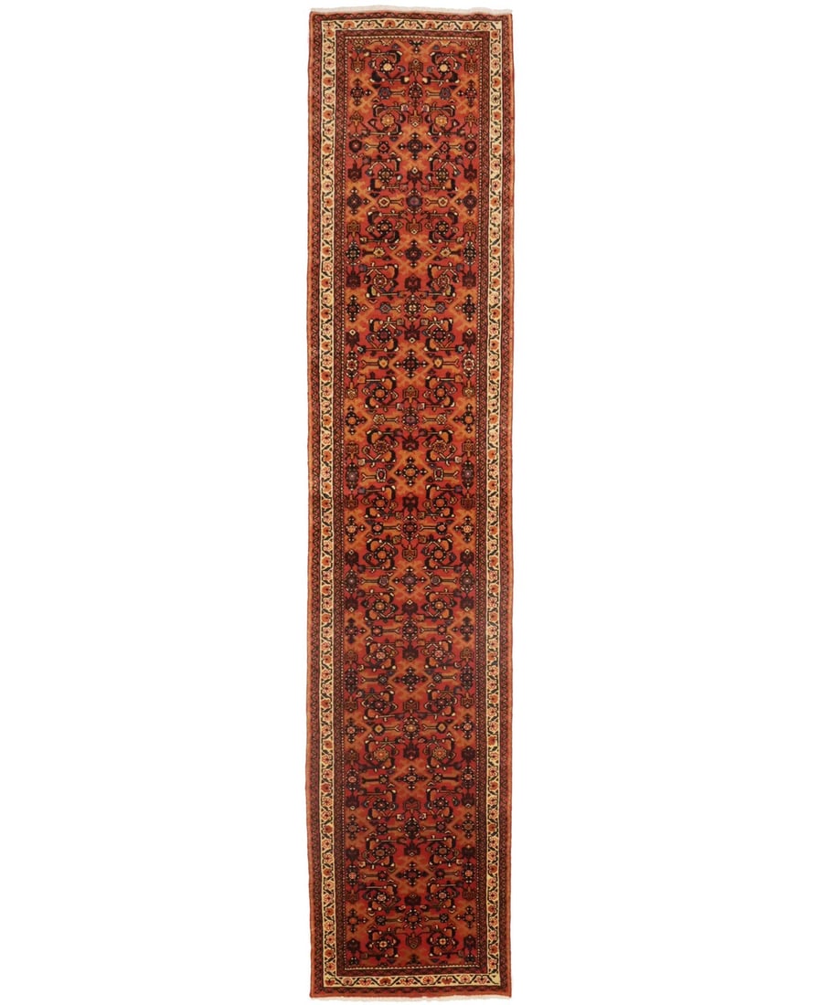 2'6X12'7 Vintage Oriental Runner Rug Coral Red Tribal Floral Hallway Carpet Hand-Knotted: 2'6X12'7 Vintage Oriental Runner Rug Coral Red Tribal Floral Hallway Carpet Hand-Knotted Hand-knotted in wool, this vibrant coral red Oriental runner rug boasts an intricate floral tribal design. Meas
