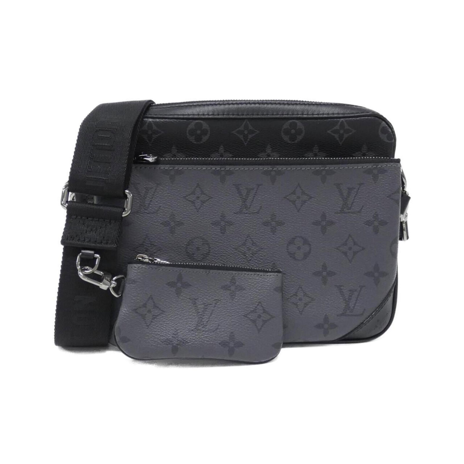 Coated Canvas Shoulder Bag By Louis Vuitton: Coated Canvas Shoulder Bag By Louis Vuitton This Louis Vuitton Monogram Eclipse shoulder bag boasts a sleek design with coated canvas material and silver hardware, adding a touch of sophistication to 