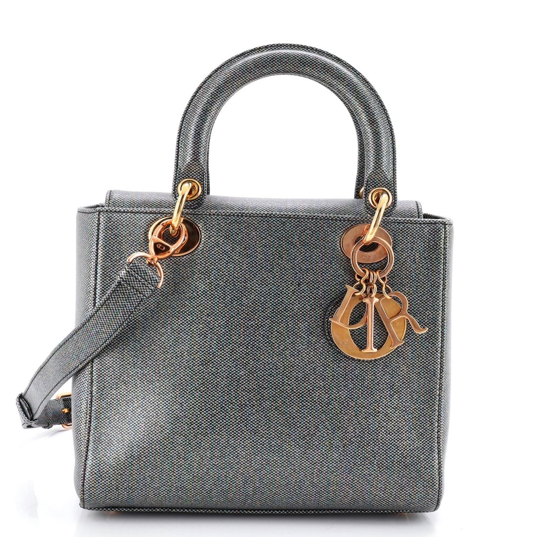 Metallic leather bag medium Lady Dior by Christian Dior: Metallic leather bag medium Lady Dior by Christian Dior Medium Lady Dior bag in metallic leather, featuring a multicolor exterior with suede interior and copper hardware. Minor scuffs and creases are 