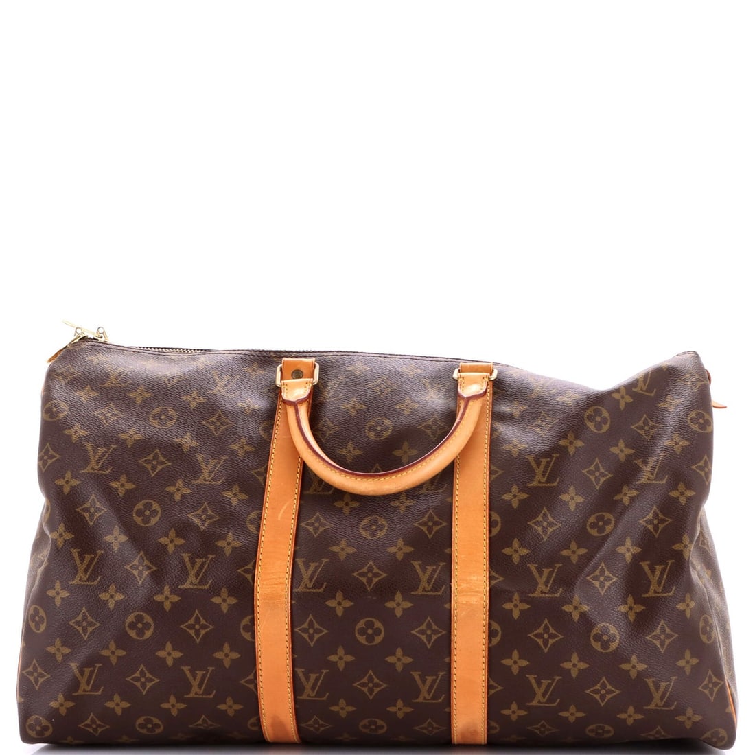 Louis Vuitton Keepall Bag Monogram Canvas 50: Louis Vuitton Keepall Bag Monogram Canvas 50 Brown Louis Vuitton Keepall Bag Monogram Canvas 50 with classic duffle design, featuring a canvas-coated exterior and gold hardware. Measuring 11" tall