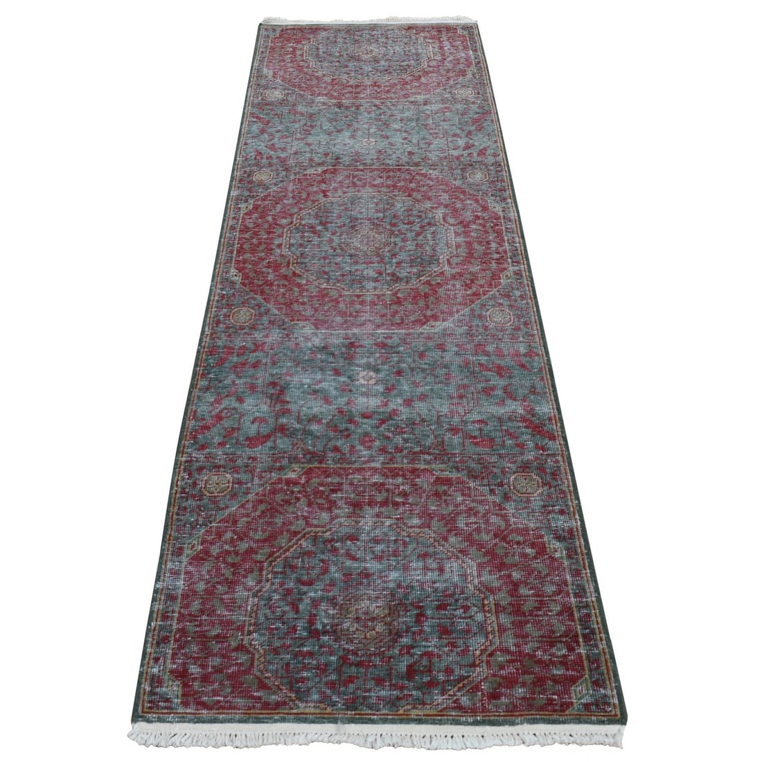 2'6"x9'10" Green Vintage Look Mamluk Worn Wool Hand Knotted Runner Rug: 2'6"x9'10" Green Vintage Look Mamluk Worn Wool Hand Knotted Runner Rug This stunning Mamluk-style runner rug boasts a rich, worn wool pile in a beautiful green field color, accented by subtle reds