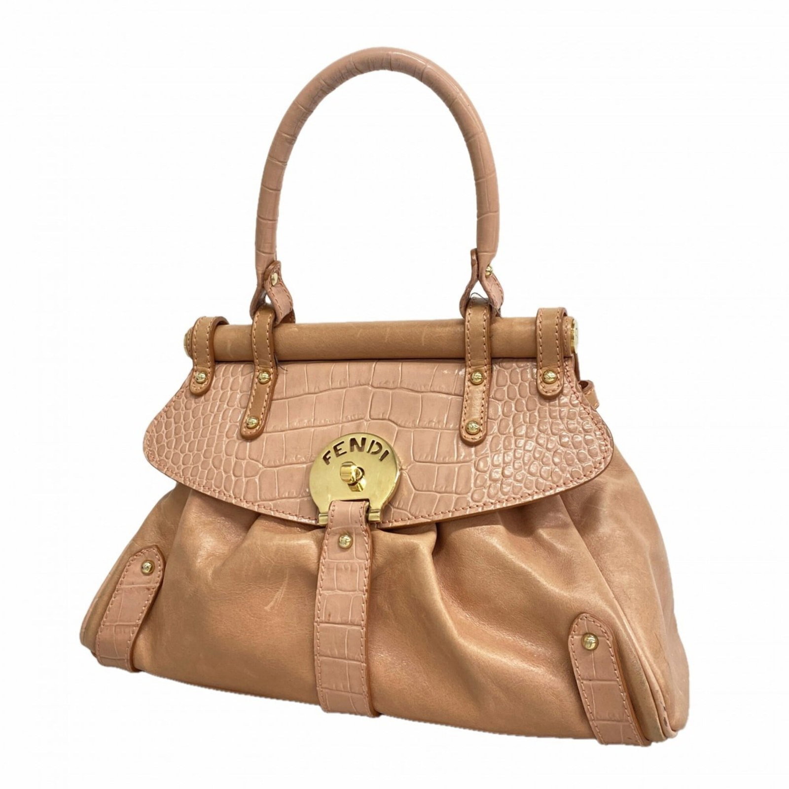 Handbag Leather Fendi: Handbag Leather Fendi This pink leather handbag from Fendi features champagne gold hardware, showcasing the luxurious details of the iconic brand. Made from high-quality leather, its sleek design and