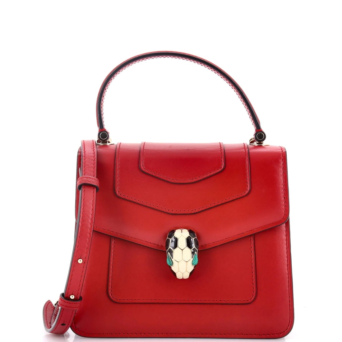 Bvlgari Serpenti Forever Top Handle Bag Leather Small: Bvlgari Serpenti Forever Top Handle Bag Leather Small The Bvlgari Serpenti Forever Top Handle Bag Leather Small boasts a striking red leather exterior, adorned with gold tone hardware. With its