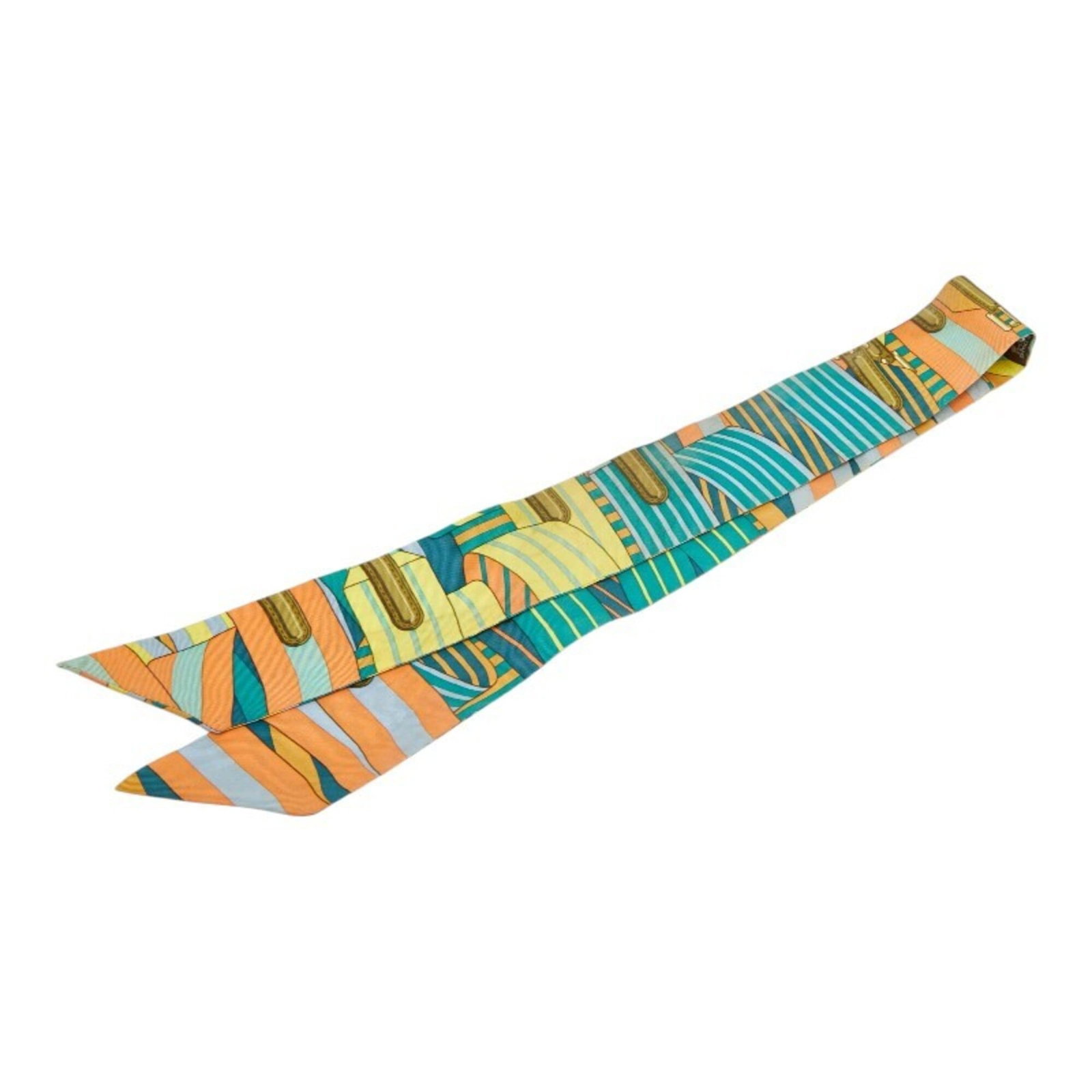 Hermes silk scarf: Hermes silk scarf Silk Twilly scarf from the renowned French fashion house Hermes, featuring a vibrant multi-color design. Made from high-quality silk, this compact scarf measures 85cm x 5cm, perfect