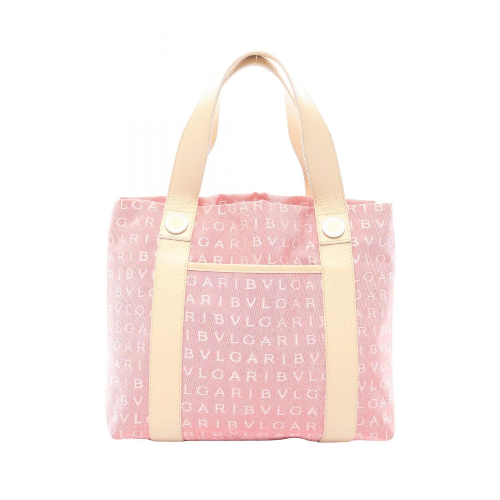 Bvlgari Handbag Canvas Leather: Bvlgari Handbag Canvas Leather Canvas and leather come together in the Bvlgari Handbag, a stylish combination of textures. The ivory and pink hues add a touch of elegance to this 23cm x 27cm x 11cm ba