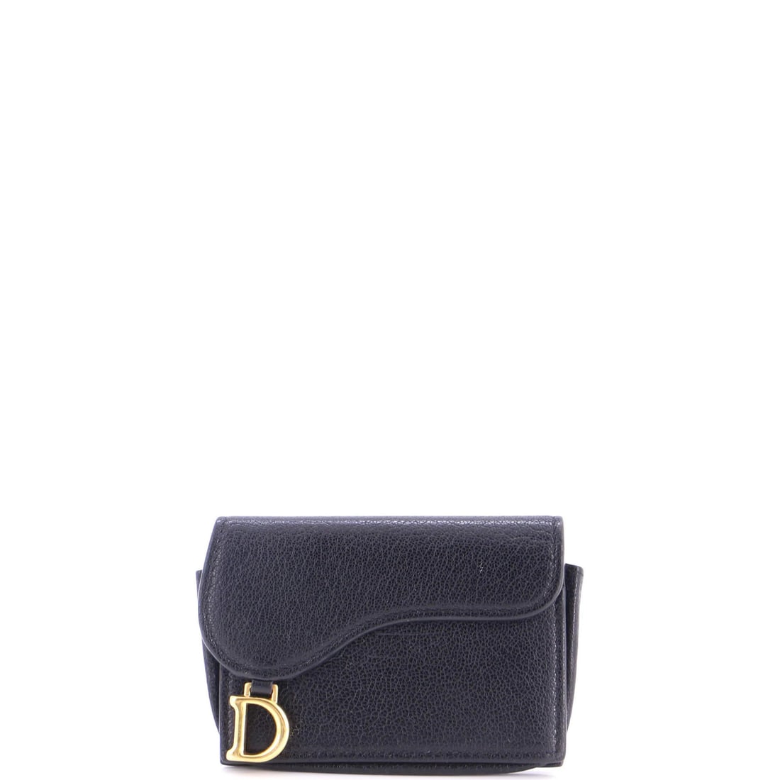 Christian Dior Mini Leather Saddle Wallet Lotus: Christian Dior Mini Leather Saddle Wallet Lotus Black leather mini wallet with gold hardware, featuring a classic saddle design and lotus pattern. Made from high-quality leather, this compact wallet m