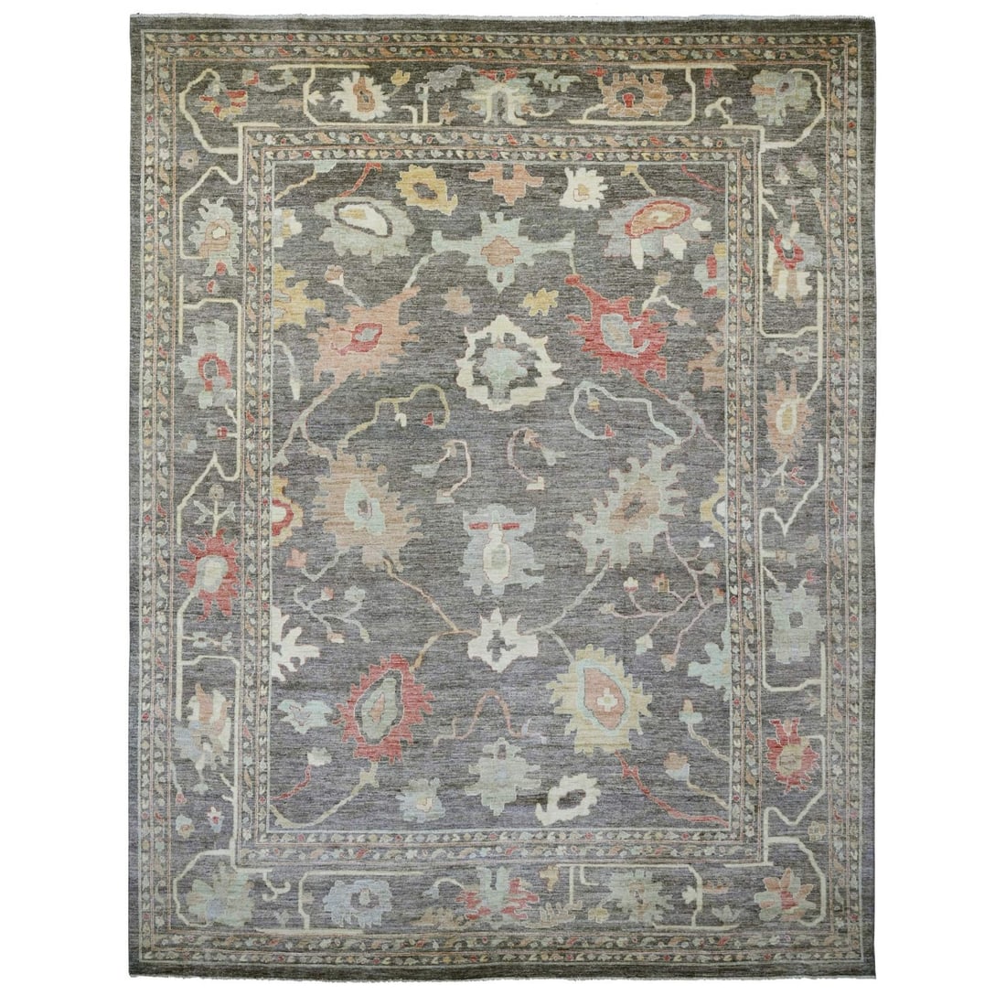 12'x5'7" Gray Angora Oushak Leaf Design Hand Knotted Wool Oversized Rug: 12'x5'7" Gray Angora Oushak Leaf Design Hand Knotted Wool Oversized Rug This stunning 12'x5'7" Gray Angora Oushak Leaf Design Hand Knotted Wool Oversized Rug boasts a beautiful, intricate leaf pattern