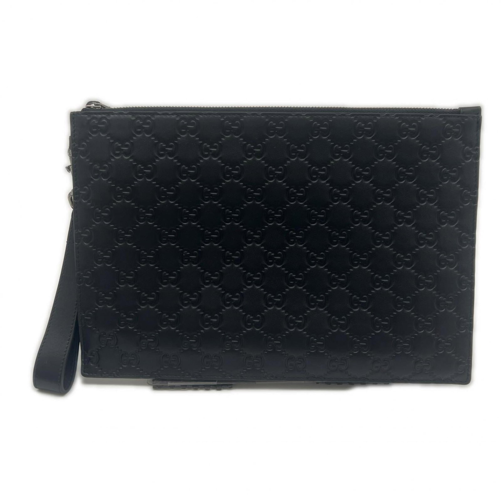 Gucci Clutch Bag Leather: Gucci Clutch Bag Leather Black Gucci Clutch Bag Made from Calfskin Leather, Measuring 21cm x 30cm x 5.00mm with a Zipper Closure. This stylish clutch features the iconic Guccissima design and is craft