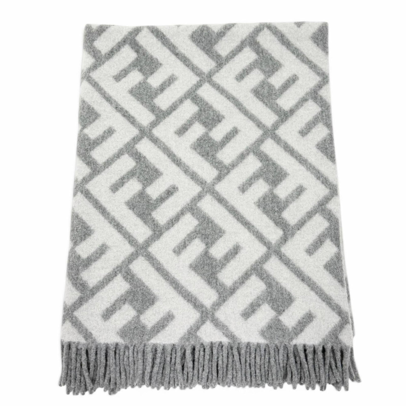 Fendi 7Ac234 Alpaca Wool Blend Ff Logo All-Over Print Fringe Blanket Gray 140 X 180Cm Made In Italy (1 of 8)