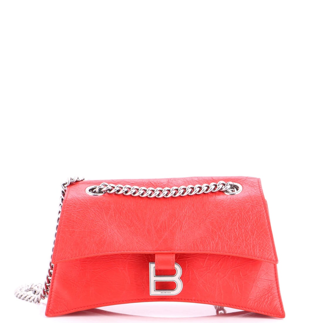 Small chain flap leather bag crush by Balenciaga: Small chain flap leather bag crush by Balenciaga The Balenciaga Small Chain Flap Leather Bag features a striking red exterior with a chain flap closure, adding an edgy touch to its sleek design. Measu