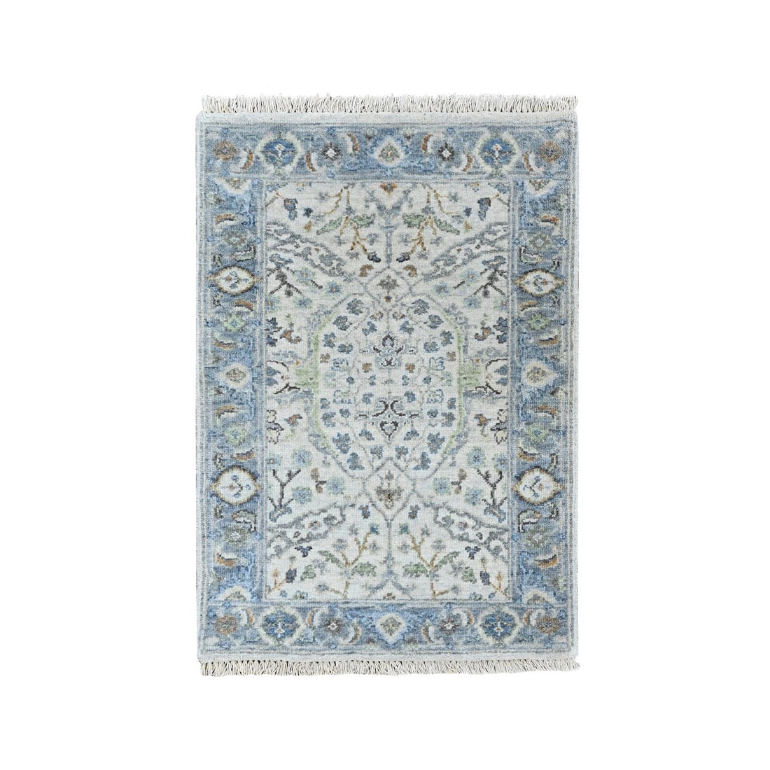2'x3' Gray Oushak with Floral Motifs Hand Knotted Wool Mat Oriental Rug: 2'x3' Gray Oushak with Floral Motifs Hand Knotted Wool Mat Oriental Rug The Oushak rug boasts an all-over floral motif in shades of grey, green, and brown, set against a neutral background. Hand-knott