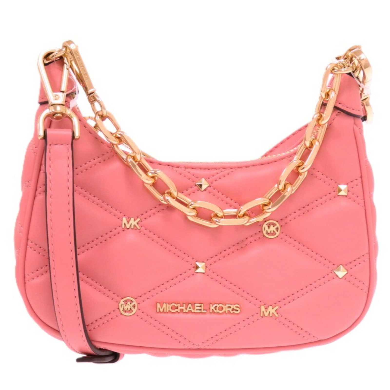 Michael Kors Nylon Pvc Shoulder Bag: Michael Kors Nylon Pvc Shoulder Bag The Michael Kors Nylon Pvc Shoulder Bag features a striking pink color and gold hardware, adding a touch of elegance to its sleek design. Made from high-quality PVC