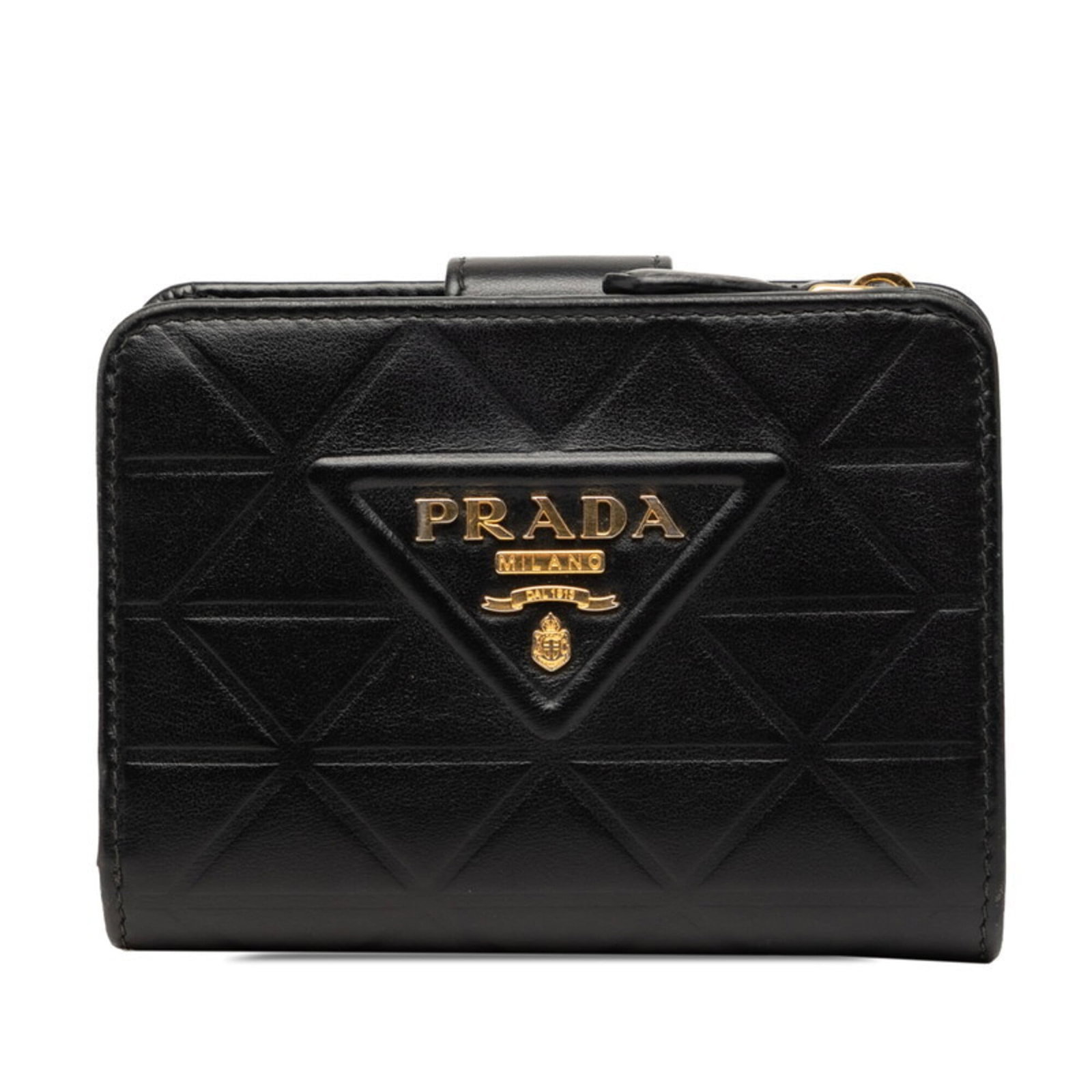 Prada Wallet (Bi-Fold) Leather: Prada Wallet (Bi-Fold) Leather Black bi-fold leather wallet from Prada, measuring 9cm x 12cm x 3cm. This sleek and compact design makes it a versatile accessory for everyday use. The high-quality leat
