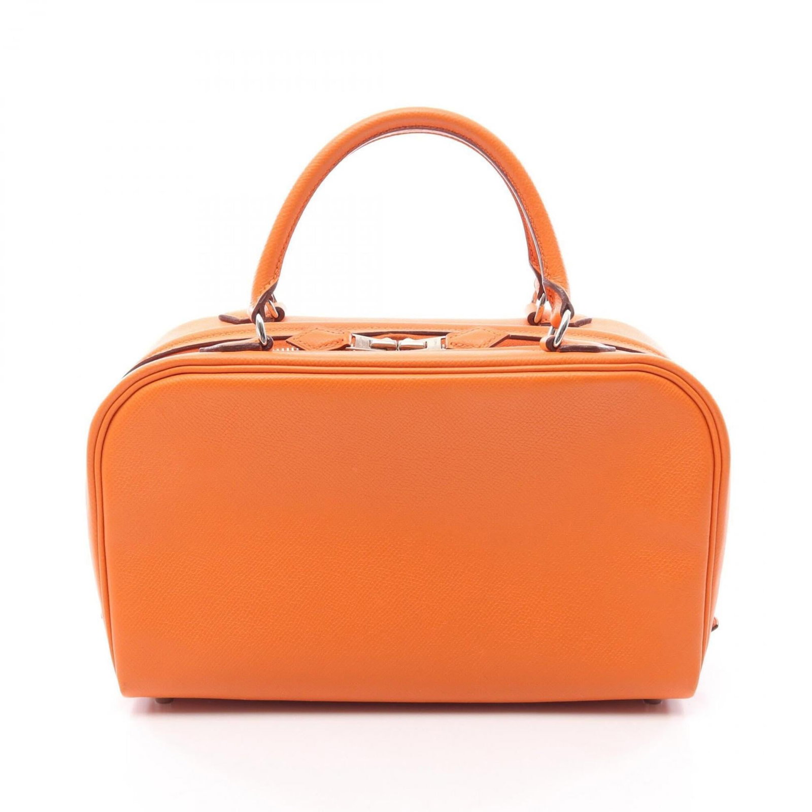 Hermes Handbag Epsom Leather: Hermes Handbag Epsom Leather Epsom leather construction provides exceptional durability and suppleness to this vibrant orange Herm?s handbag, measuring 15cm x 26cm x 11cm. The signature style of