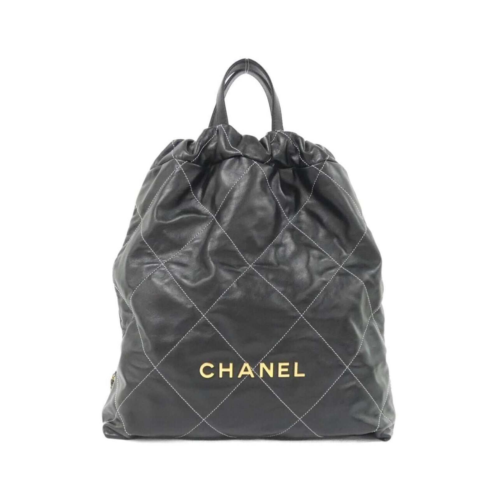 Leather Backpack by Chanel: Leather Backpack by Chanel The Chanel MPN AS3313 Leather Backpack boasts sleek, matte gold hardware and a timeless black calfskin finish. Crafted from high-quality leather, this stylish backpack featu